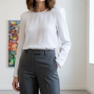 Tibi White Strutted Shoulder Padded‎ Crinkle Top Blouse  Size 2